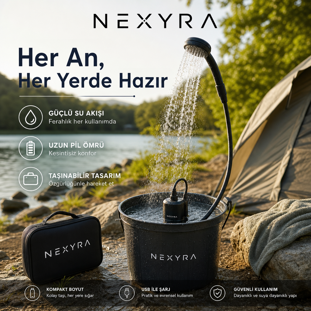 Nexyra Taşınabilir Şarjlı Seyyar Duş Başlığı | Kamp ve Seyahat Duş Seti