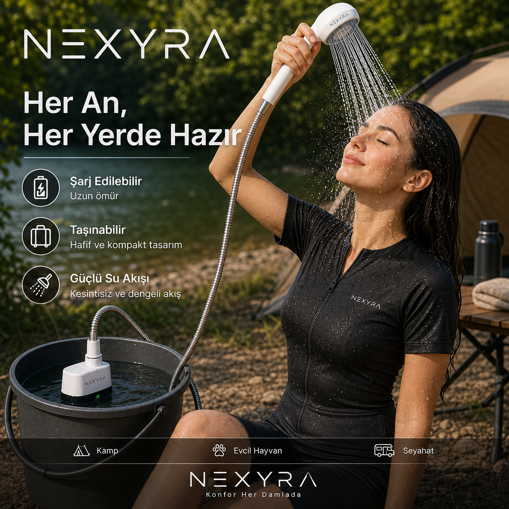Nexyra Taşınabilir Şarjlı Seyyar Duş Başlığı | Kamp ve Seyahat Duş Seti