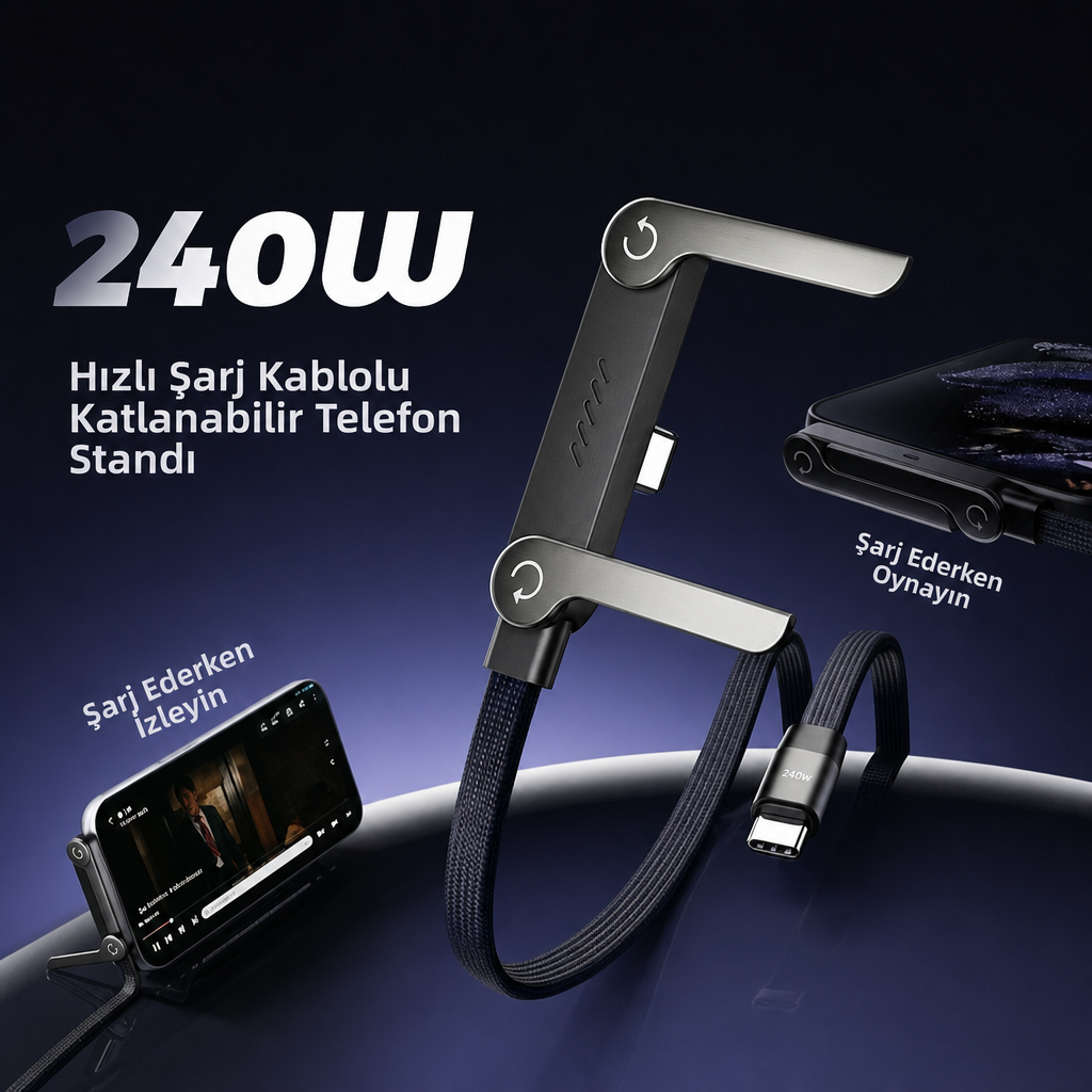 240W Ultra Hızlı Type-C Şarj Data Kablosu Katlanabilir Standlı Ergonomik Tasarım 1.5M Örgülü