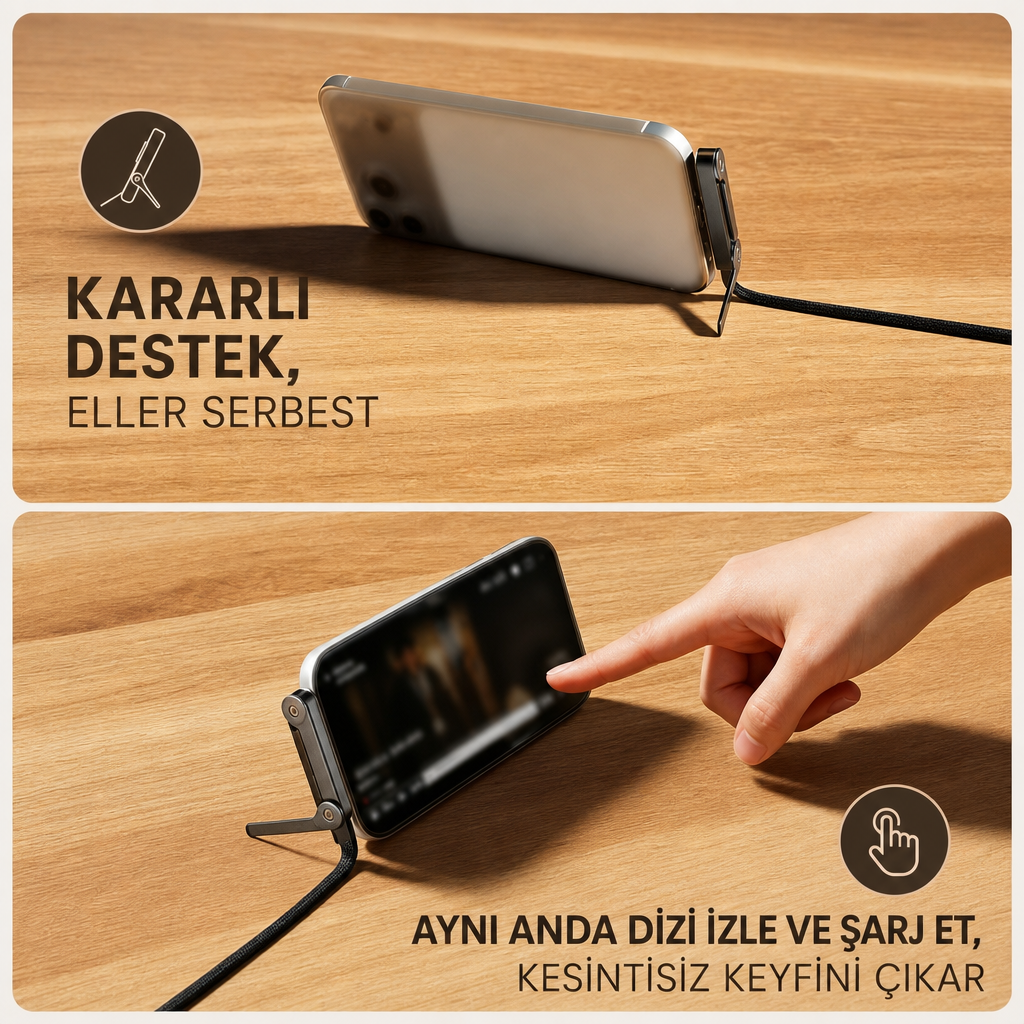 240W Ultra Hızlı Type-C Şarj Data Kablosu Katlanabilir Standlı Ergonomik Tasarım 1.5M Örgülü