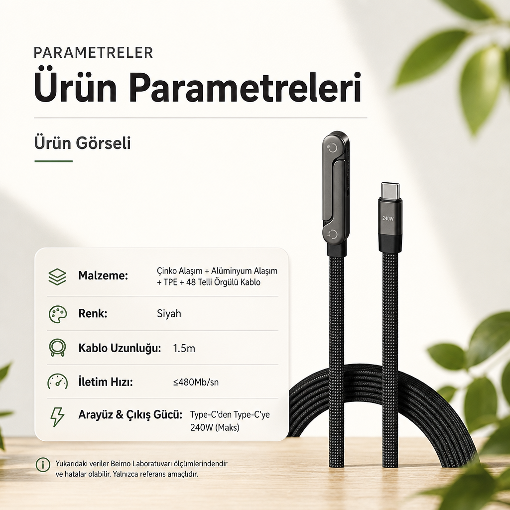 240W Ultra Hızlı Type-C Şarj Data Kablosu Katlanabilir Standlı Ergonomik Tasarım 1.5M Örgülü